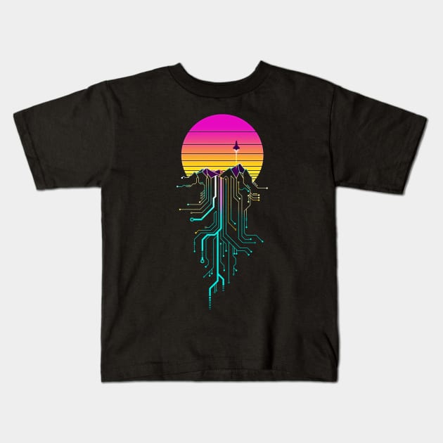 Synth Mountain Sunrise Kids T-Shirt by forge22